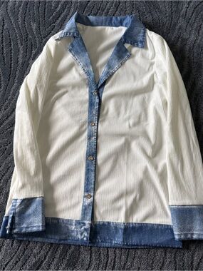 NWOT Ribbed White Button-Up Shirt with faux Denim Trim